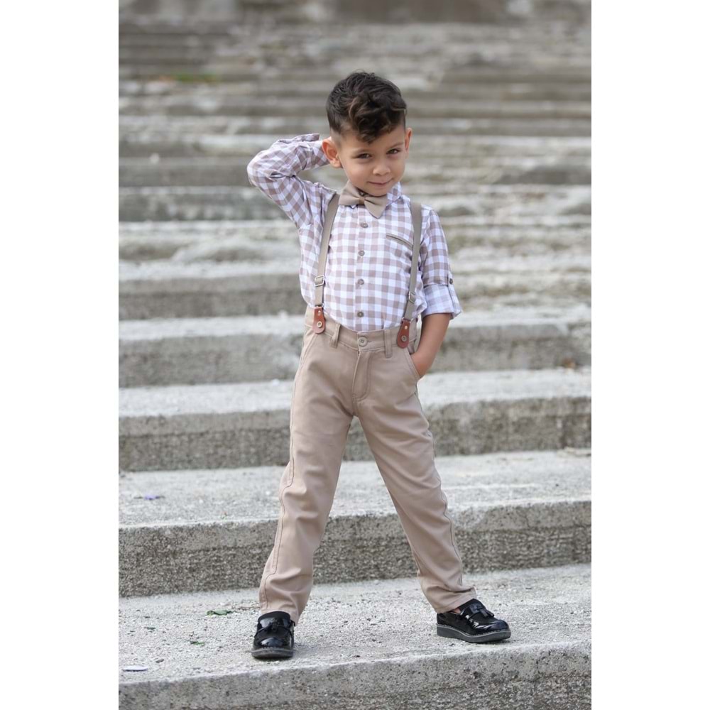 Ekose Desen Gabardin Pantolon Askılı Çocuk Takım SB436