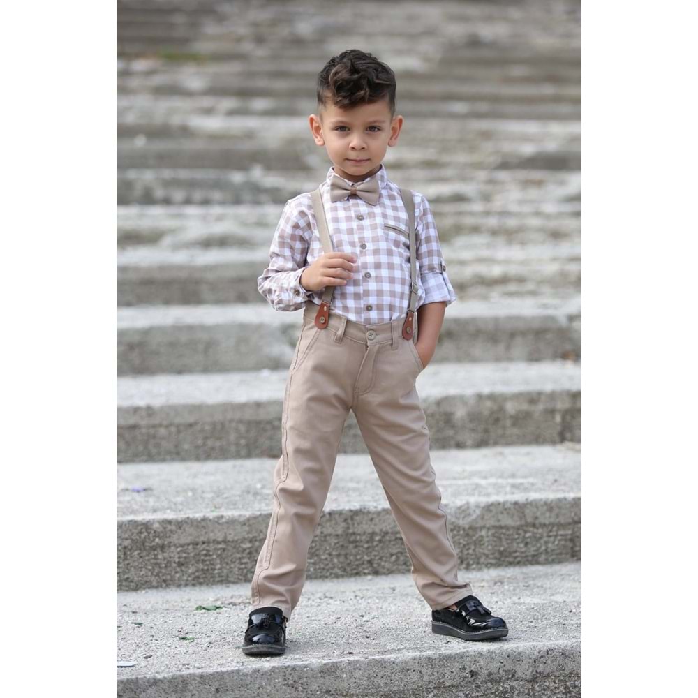 Ekose Desen Gabardin Pantolon Askılı Çocuk Takım SB436