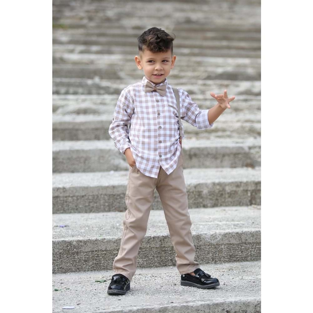 Ekose Desen Gabardin Pantolon Askılı Çocuk Takım SB436