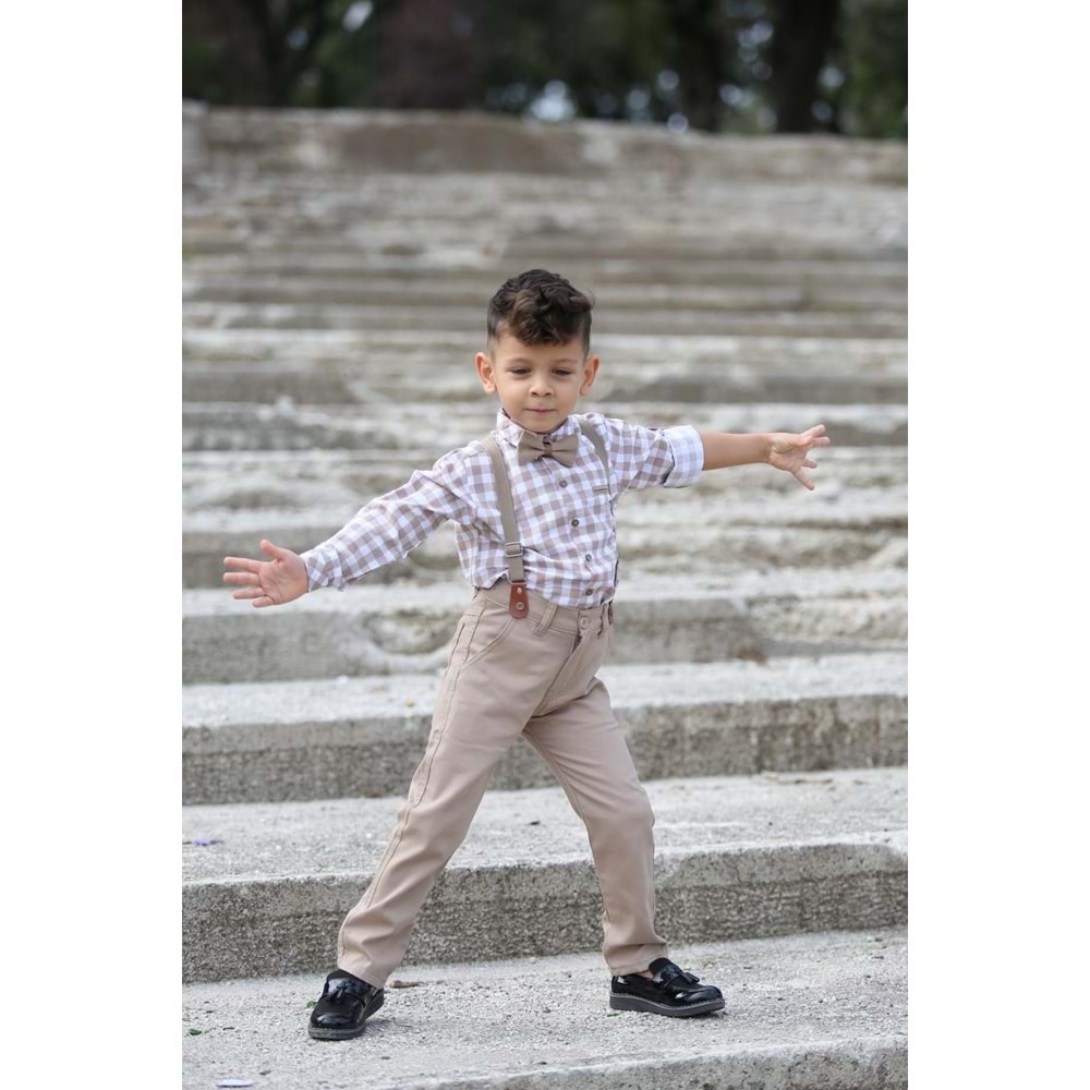 Ekose Desen Gabardin Pantolon Askılı Çocuk Takım SB436