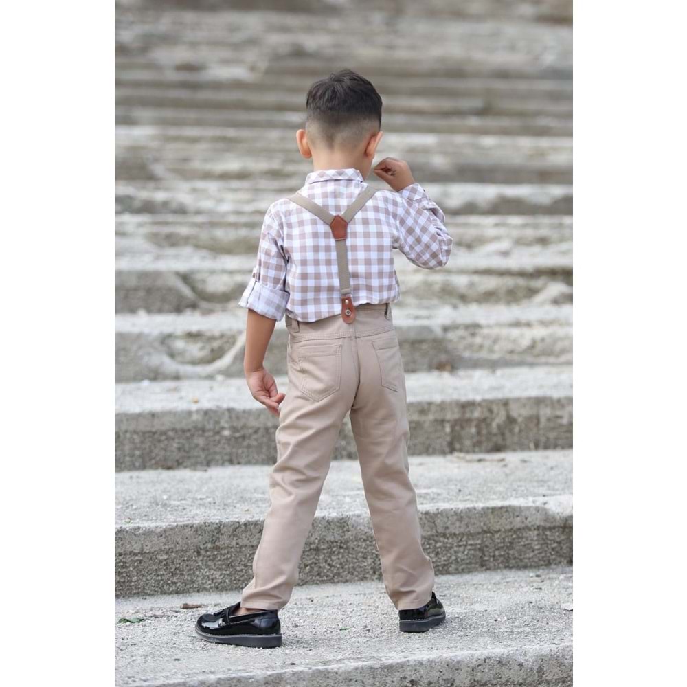 Ekose Desen Gabardin Pantolon Askılı Çocuk Takım SB436