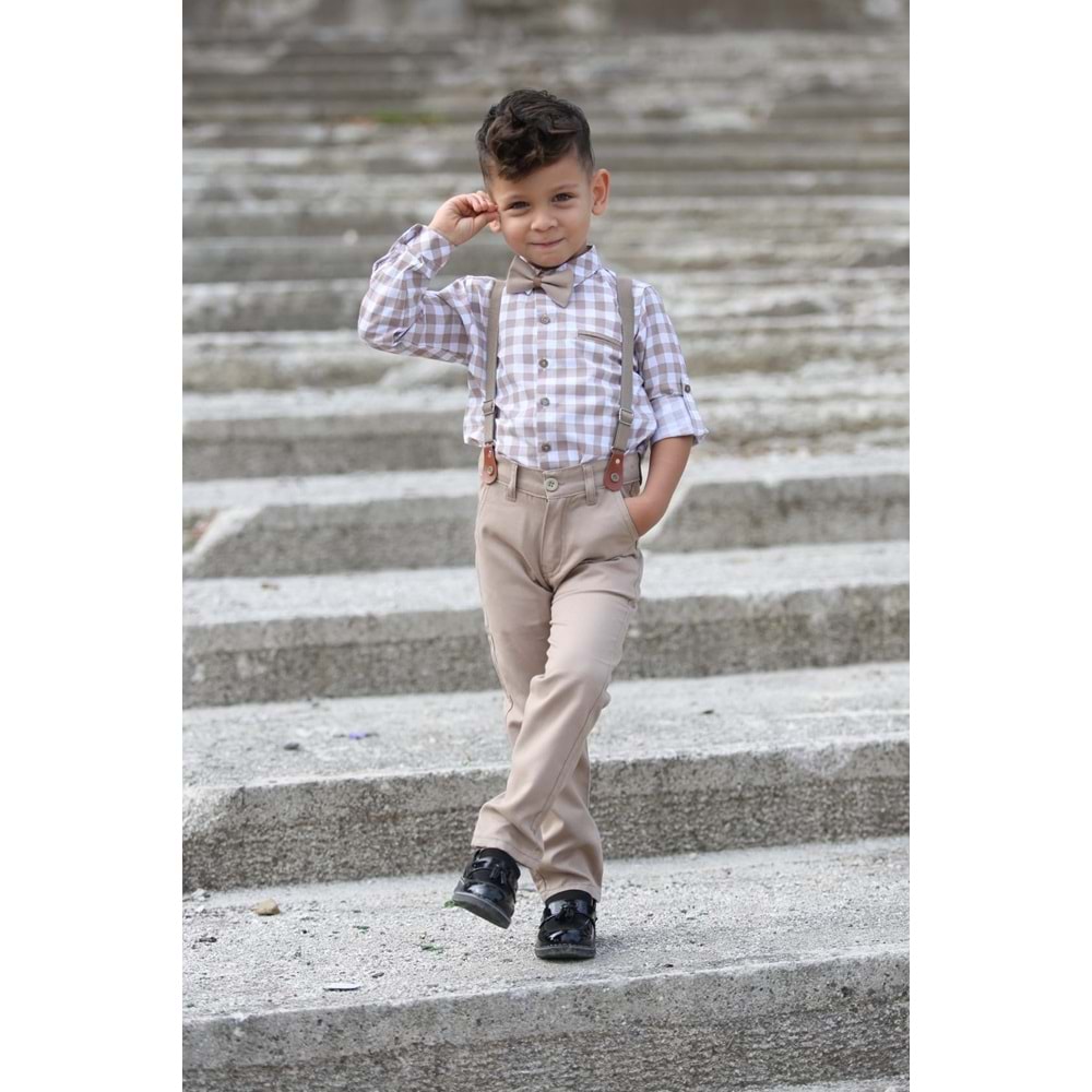 Ekose Desen Gabardin Pantolon Askılı Çocuk Takım SB436