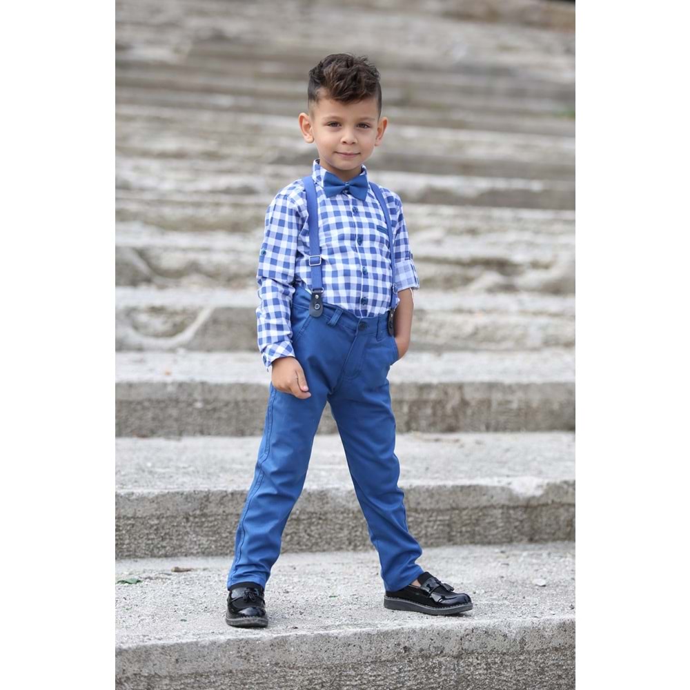 Ekose Desen Gabardin Pantolon Askılı Çocuk Takım SB436