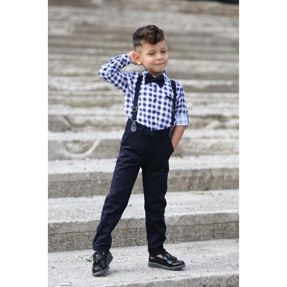 Ekose Desen Gabardin Pantolon Askılı Çocuk Takım SB436