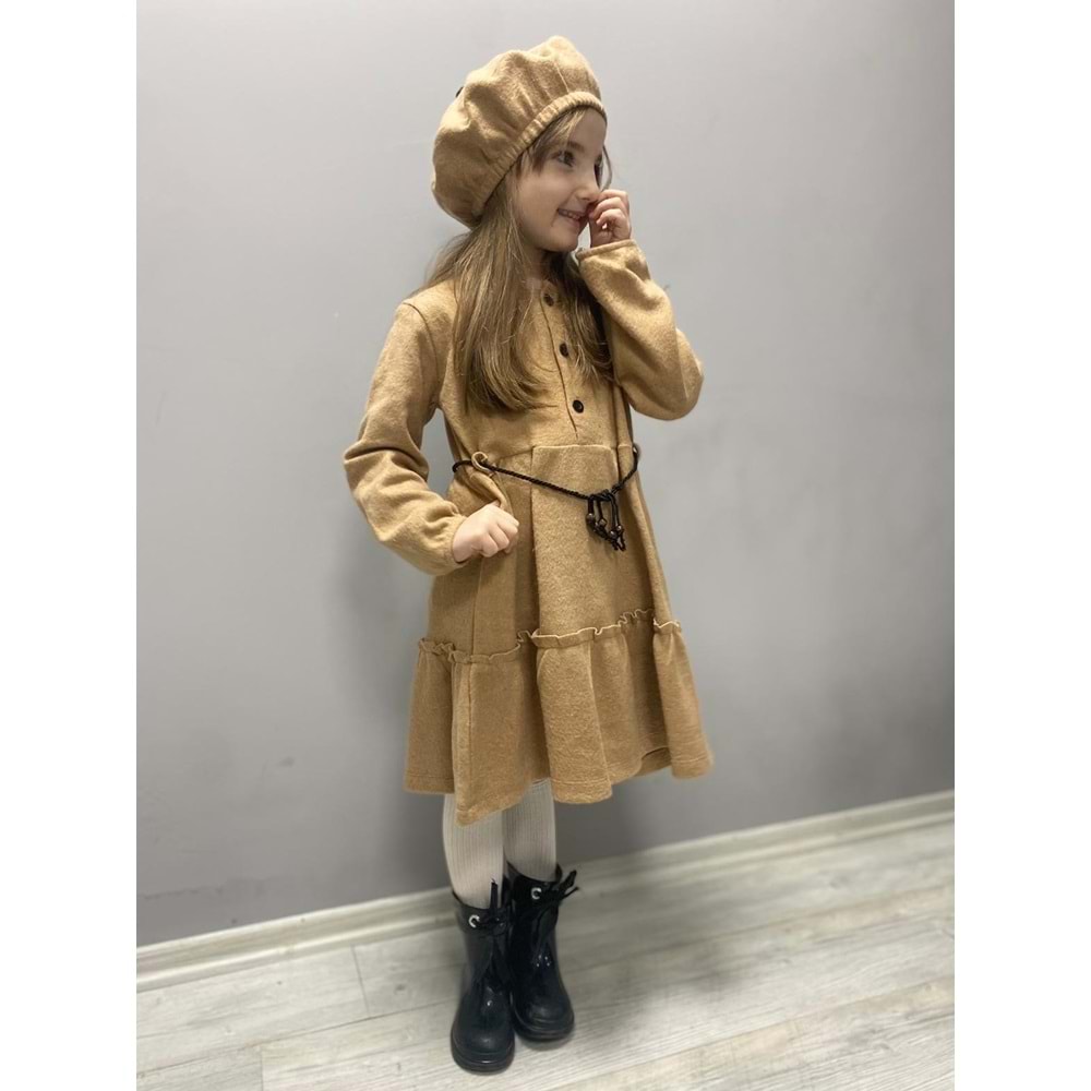 Şapkalı Kışlık Kaşe Kız Çocuk Elbise SB559