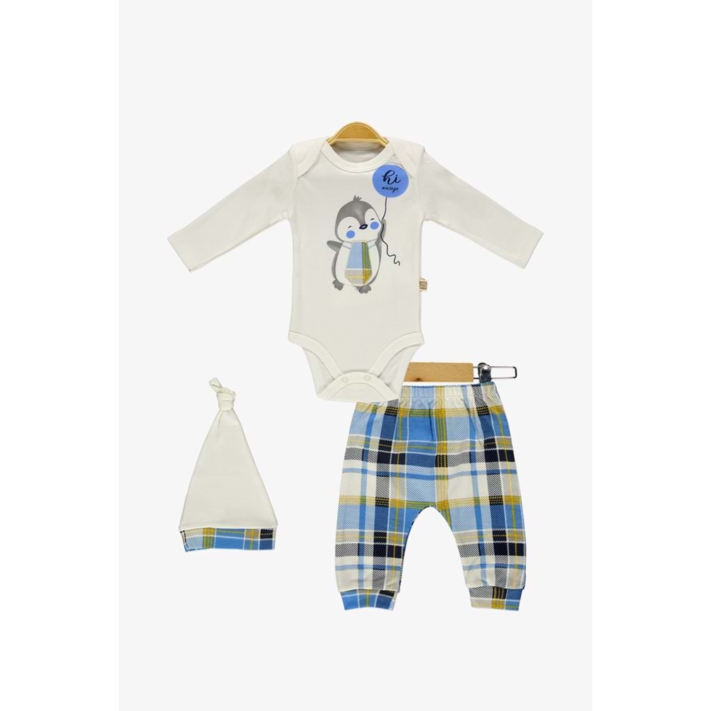 Erkek Bebek Ekose Pantolonlu Şapkalı Body Takım SB587