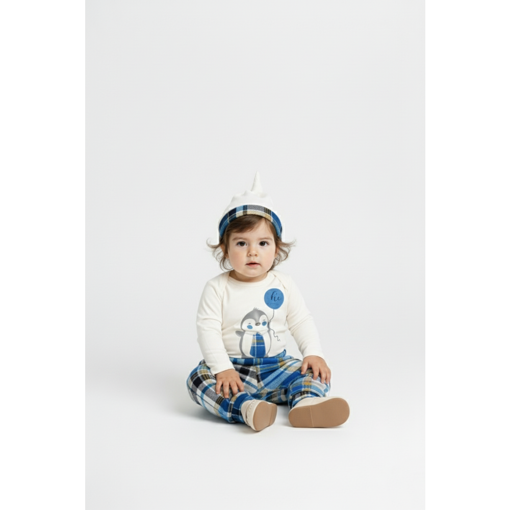 Erkek Bebek Ekose Pantolonlu Şapkalı Body Takım SB587