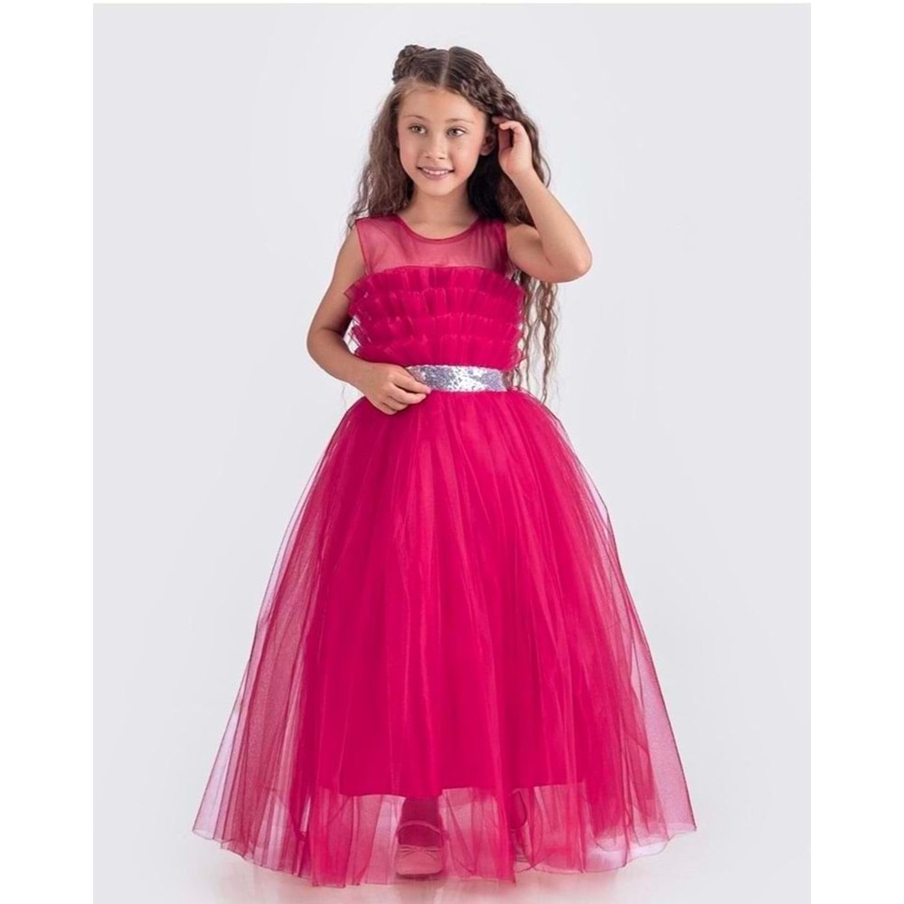 Tütü Uzun Etek Beli Payetli Kız Çocuk Elbise SB618