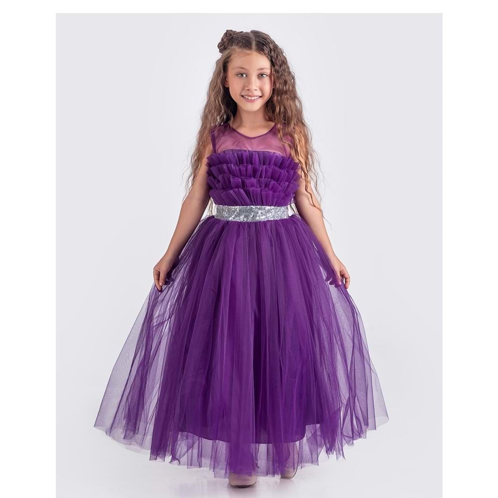 Tütü Uzun Etek Beli Payetli Kız Çocuk Elbise SB618