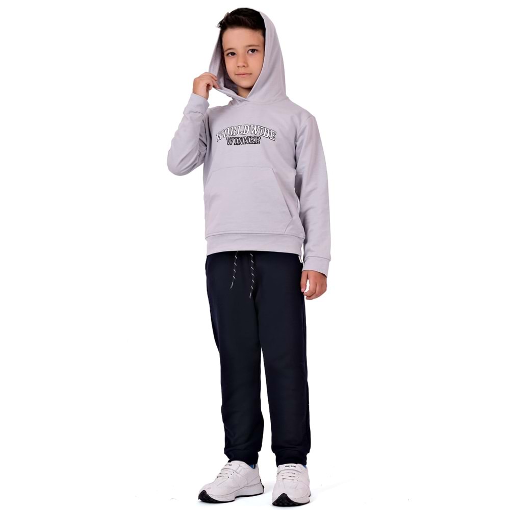 Erkek Çocuk Nakışlı Kanguru Cepli Kapuşonlu Sweatshirt Eşofman Takımı