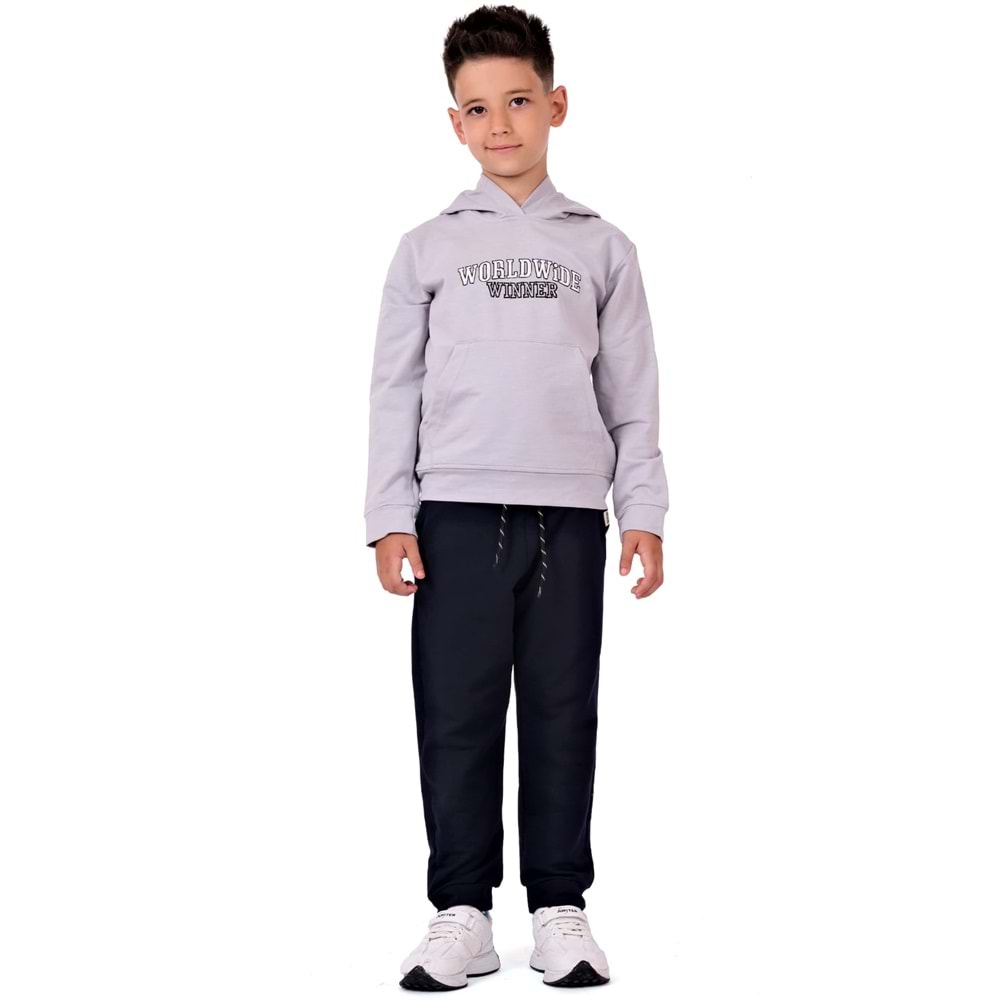 Erkek Çocuk Nakışlı Kanguru Cepli Kapuşonlu Sweatshirt Eşofman Takımı