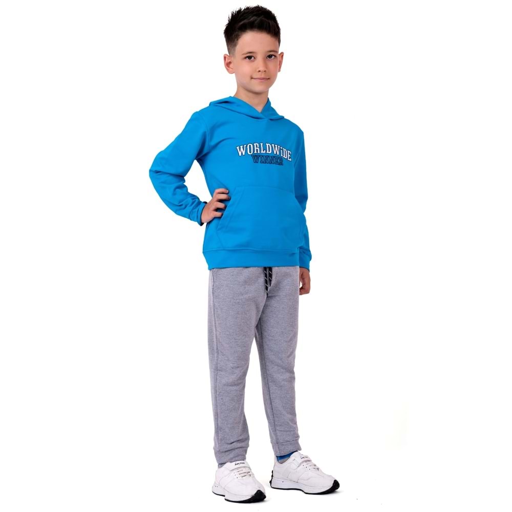Erkek Çocuk Nakışlı Kanguru Cepli Kapuşonlu Sweatshirt Eşofman Takımı