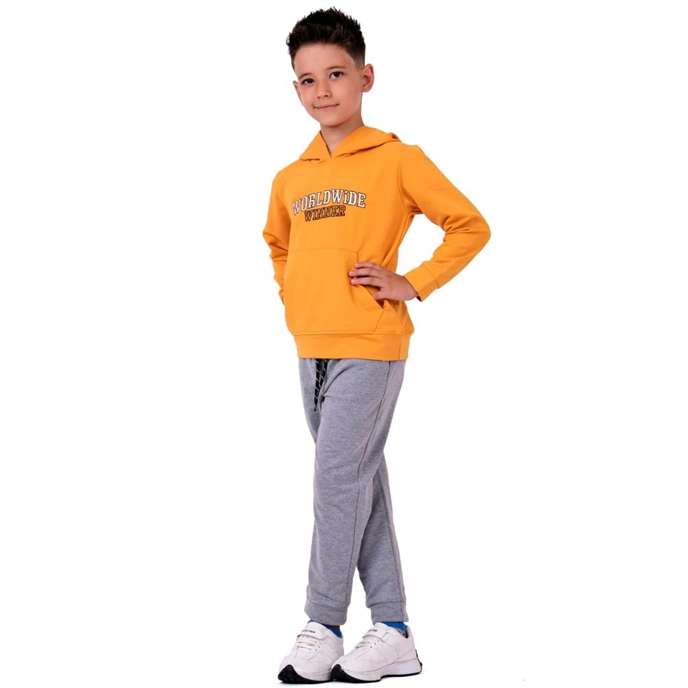 Erkek Çocuk Nakışlı Kanguru Cepli Kapuşonlu Sweatshirt Eşofman Takımı