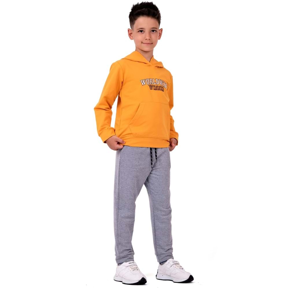 Erkek Çocuk Nakışlı Kanguru Cepli Kapuşonlu Sweatshirt Eşofman Takımı