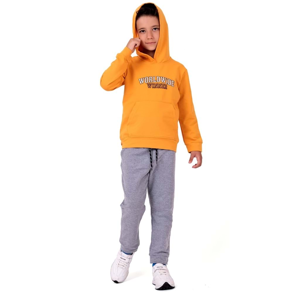 Erkek Çocuk Nakışlı Kanguru Cepli Kapuşonlu Sweatshirt Eşofman Takımı