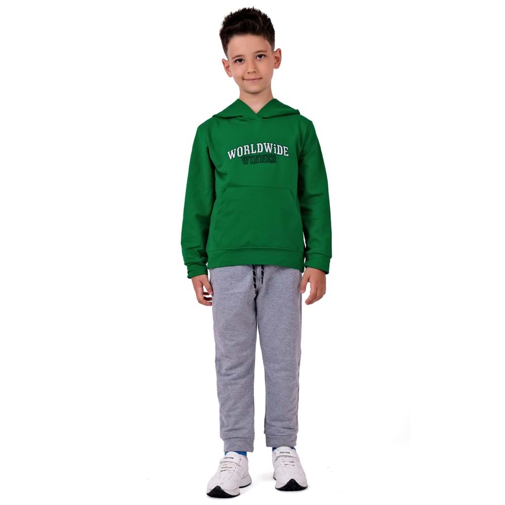 Erkek Çocuk Nakışlı Kanguru Cepli Kapuşonlu Sweatshirt Eşofman Takımı