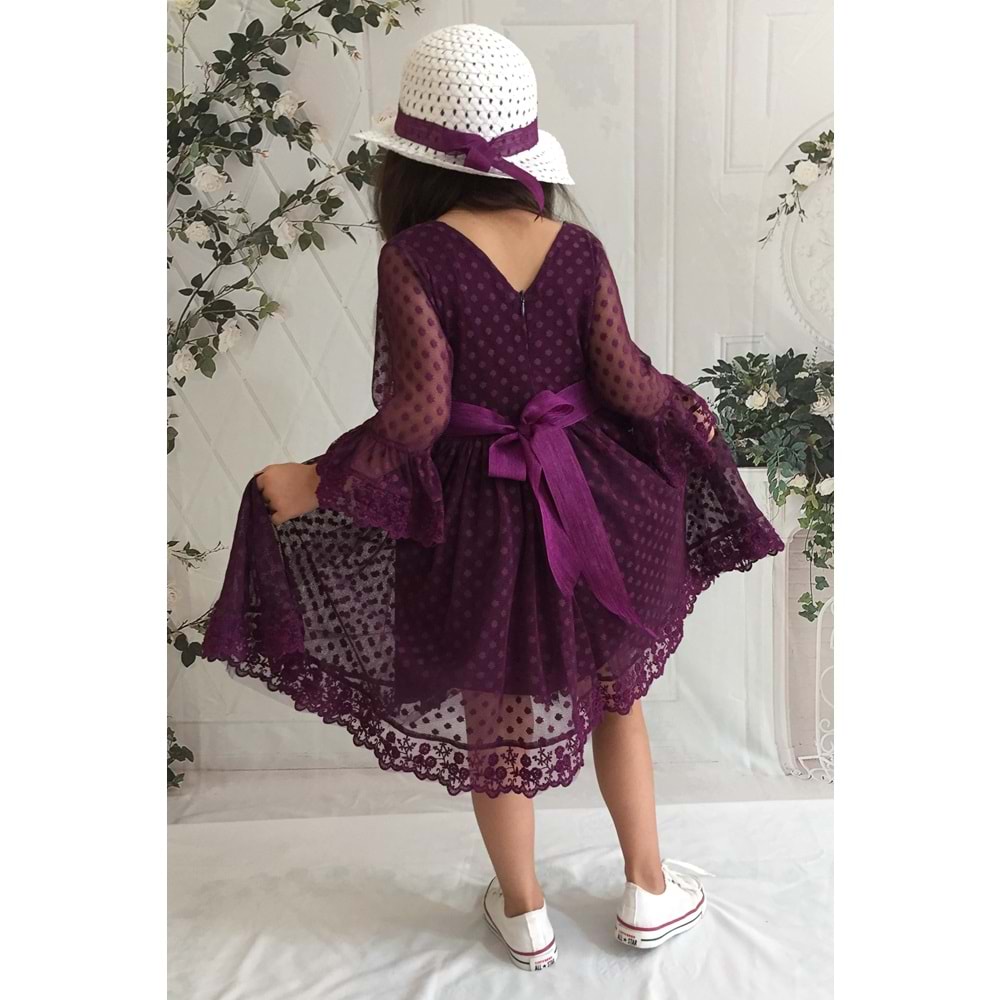 Şapkalı Dantel Kumaş Kumaşlı Kız Çocuk Uzun Kol Elbise