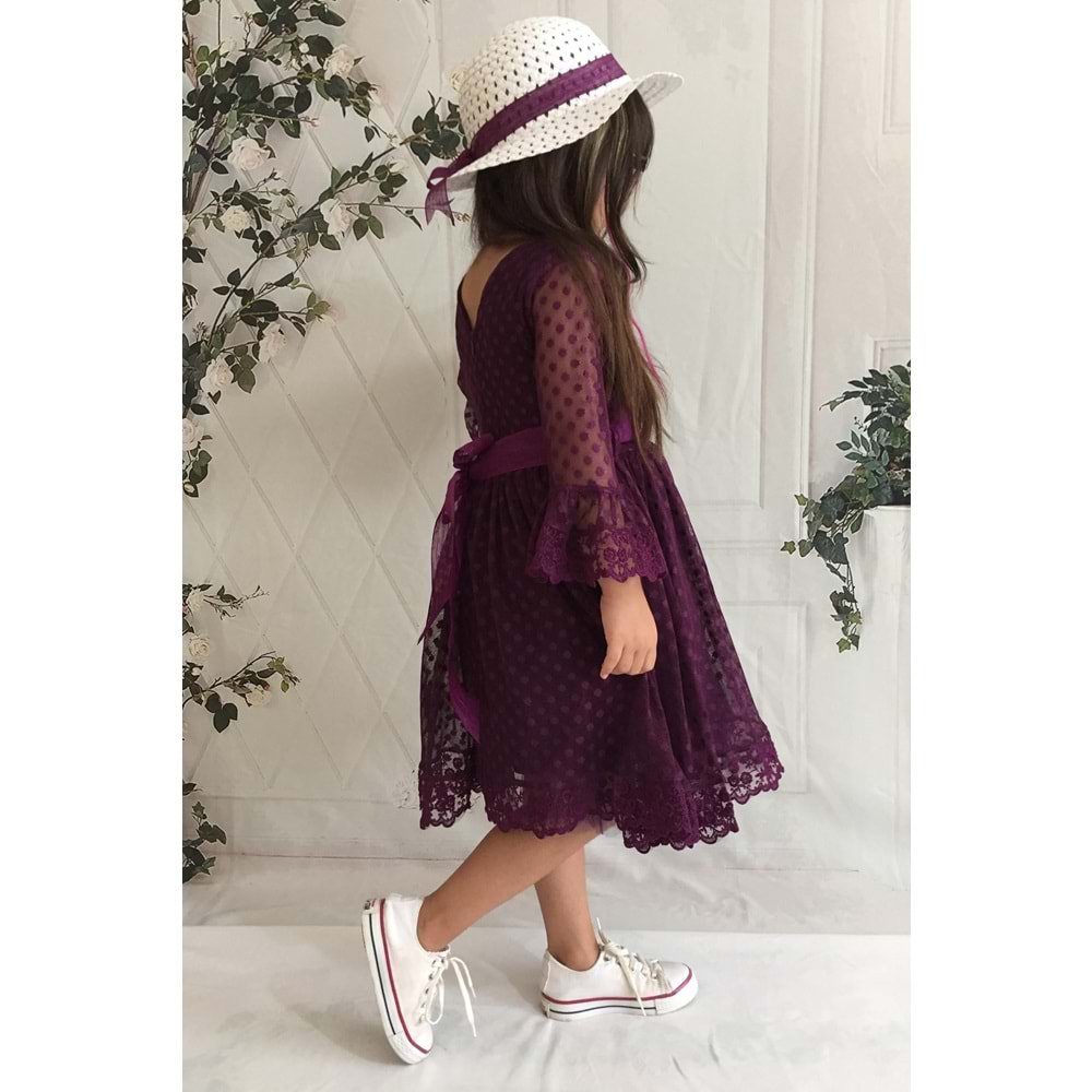 Şapkalı Dantel Kumaş Kumaşlı Kız Çocuk Uzun Kol Elbise