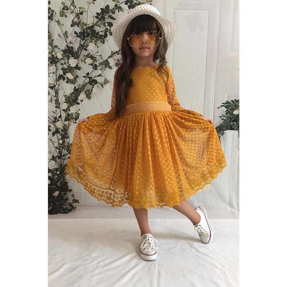 Şapkalı Dantel Kumaş Kumaşlı Kız Çocuk Uzun Kol Elbise