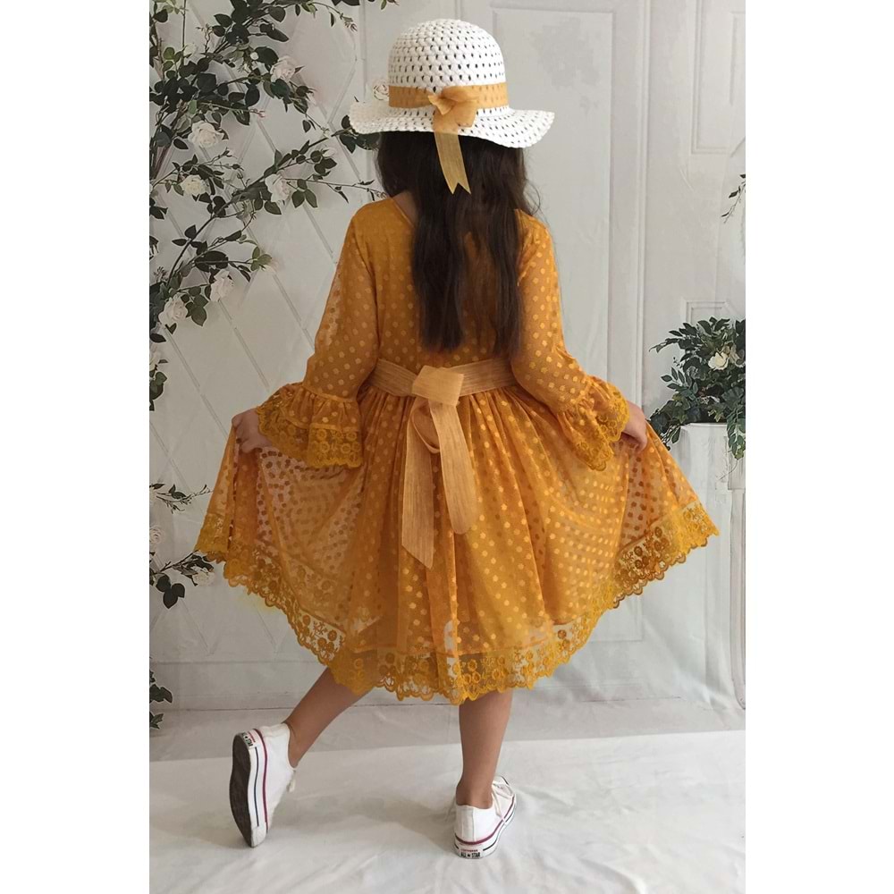 Şapkalı Dantel Kumaş Kumaşlı Kız Çocuk Uzun Kol Elbise