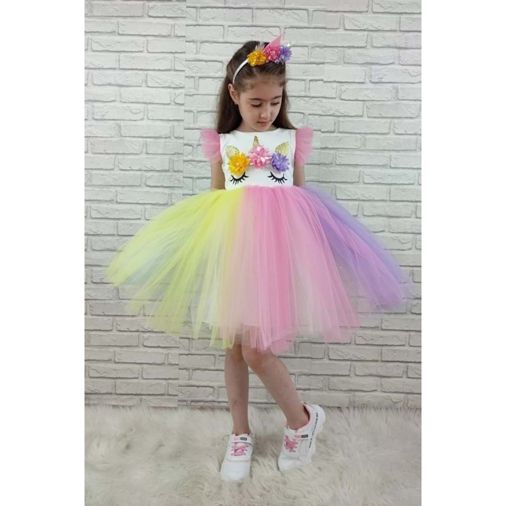Renkli Tütü Etekli Kız Çocuk Taçlı Elbise