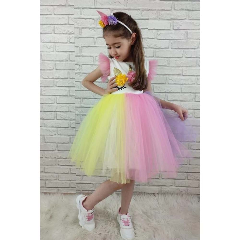Renkli Tütü Etekli Kız Çocuk Taçlı Elbise