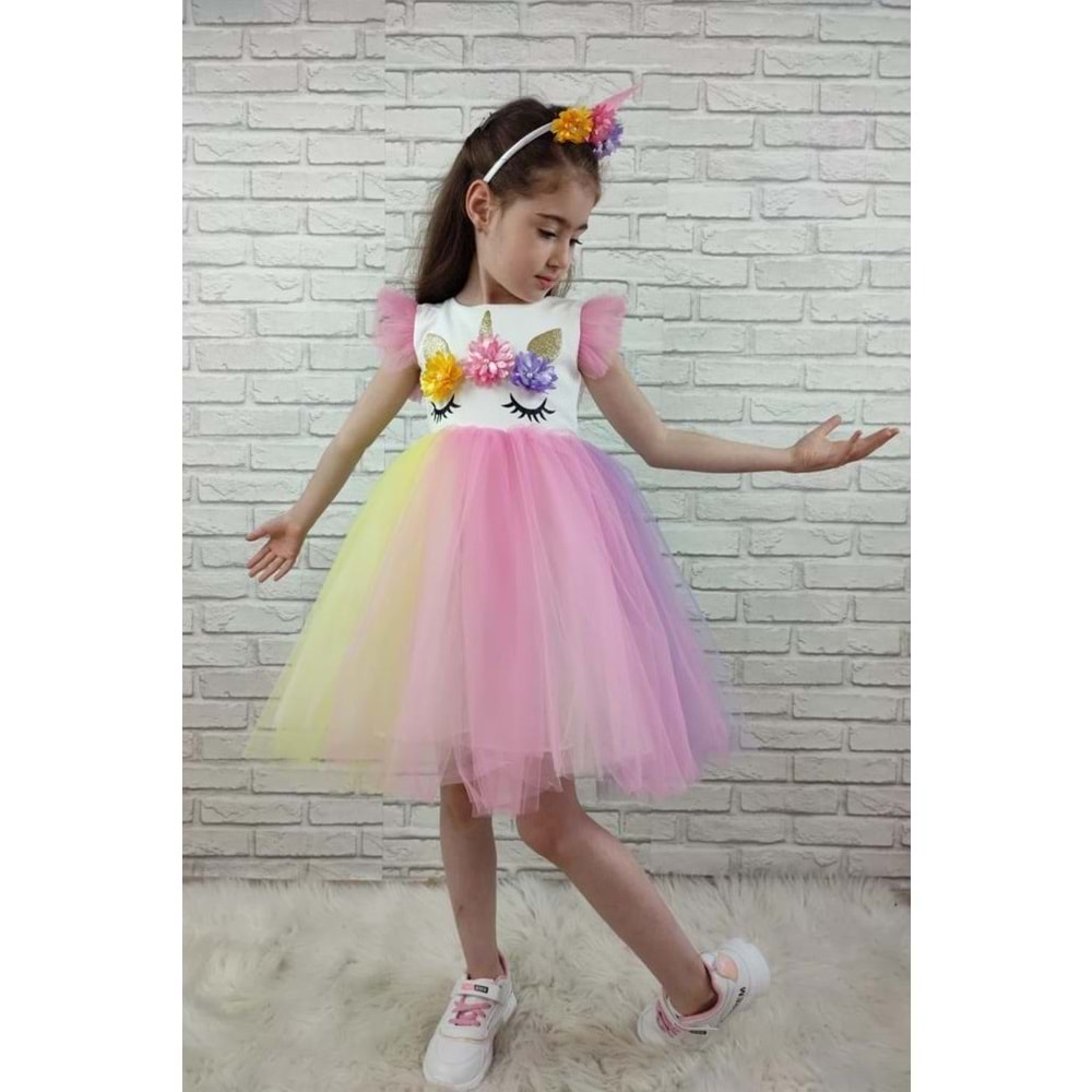 Renkli Tütü Etekli Kız Çocuk Taçlı Elbise