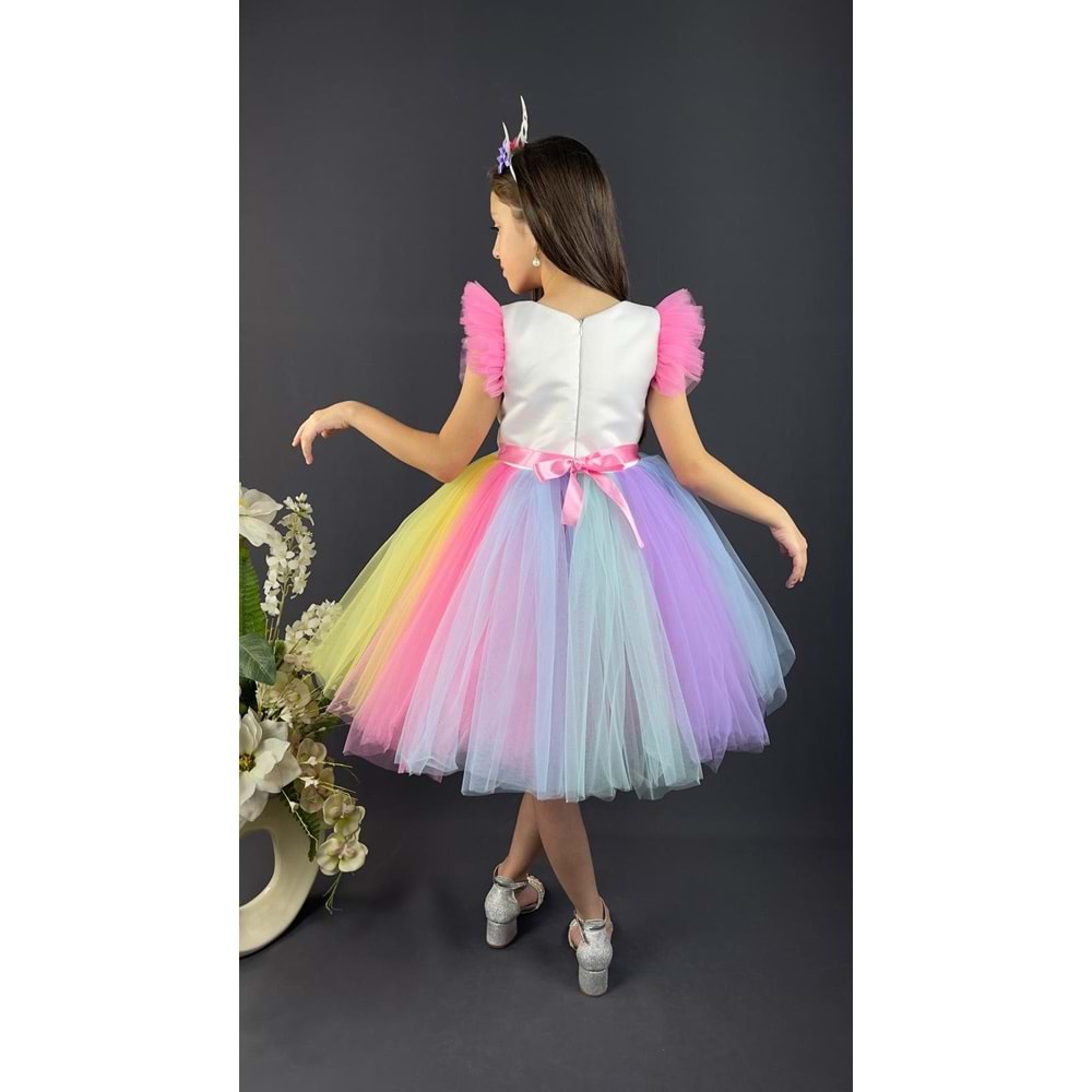 Renkli Tütü Etekli Kız Çocuk Taçlı Elbise