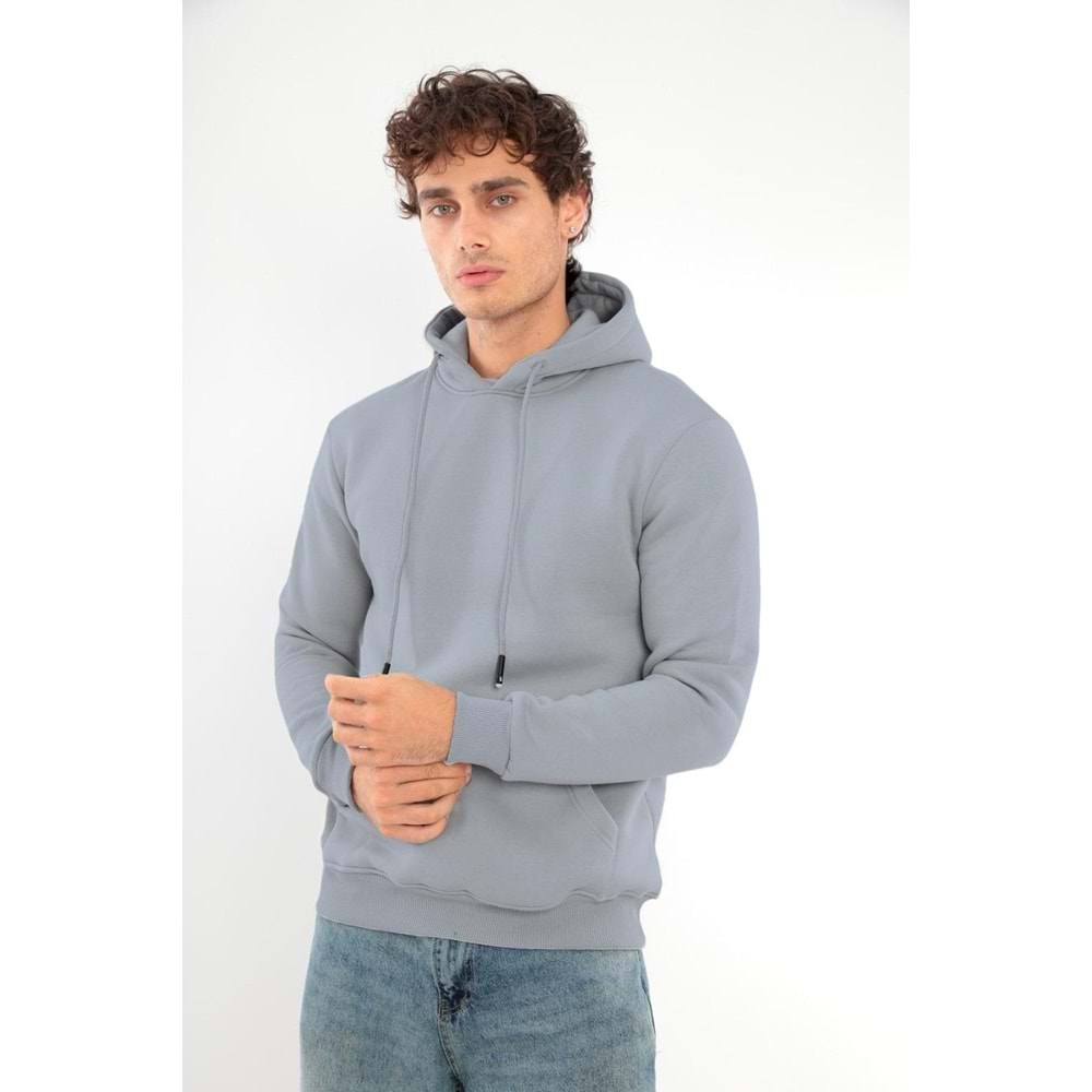 Erkek Pamuklu Standart Fit Kesim İçi Polarlı 3 İplik Kapüşonlu Sweatshirt