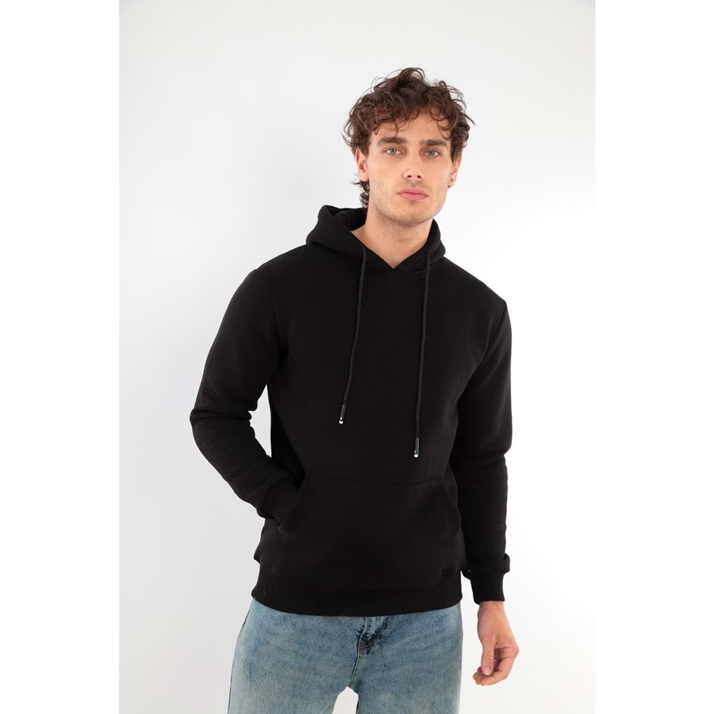 Erkek Pamuklu Standart Fit Kesim İçi Polarlı 3 İplik Kapüşonlu Sweatshirt