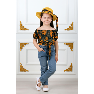 Kız Çocuk Kot Pantolon, Şapka , Bluz Takım