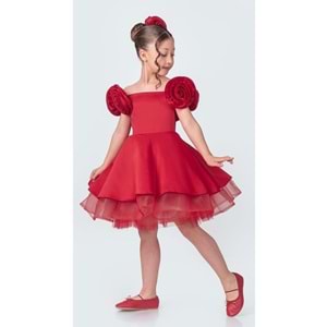 Omuz Gül Motifli Kız Çocuk Abiye Elbise SB735