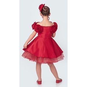 Omuz Gül Motifli Kız Çocuk Abiye Elbise SB735