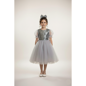 Tütü Etekli Balon Kol Kız Çocuk Elbise M00751