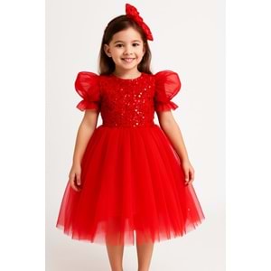 Tütü Etekli Balon Kol Kız Çocuk Elbise M00751