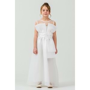 Kız Çocuk Esnek Gipe Sırtlı Çiçekli ve Kurdeleli Şık Organze Abiye M00800