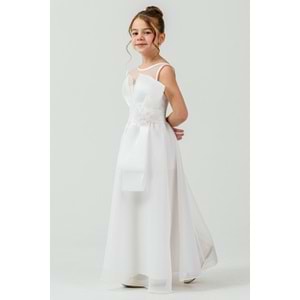 Kız Çocuk Esnek Gipe Sırtlı Çiçekli ve Kurdeleli Şık Organze Abiye M00800