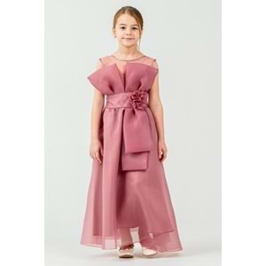 Kız Çocuk Esnek Gipe Sırtlı Çiçekli ve Kurdeleli Şık Organze Abiye M00800