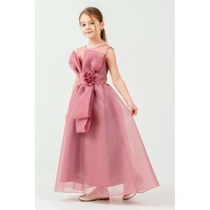 Kız Çocuk Esnek Gipe Sırtlı Çiçekli ve Kurdeleli Şık Organze Abiye M00800