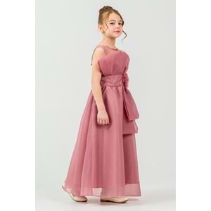 Kız Çocuk Esnek Gipe Sırtlı Çiçekli ve Kurdeleli Şık Organze Abiye M00800