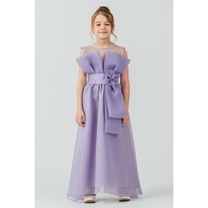 Kız Çocuk Esnek Gipe Sırtlı Çiçekli ve Kurdeleli Şık Organze Abiye M00800