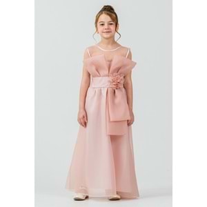 Kız Çocuk Esnek Gipe Sırtlı Çiçekli ve Kurdeleli Şık Organze Abiye M00800