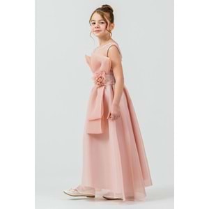 Kız Çocuk Esnek Gipe Sırtlı Çiçekli ve Kurdeleli Şık Organze Abiye M00800