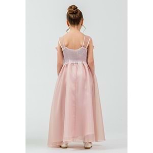 Kız Çocuk Esnek Gipe Sırtlı Çiçekli ve Kurdeleli Şık Organze Abiye M00800