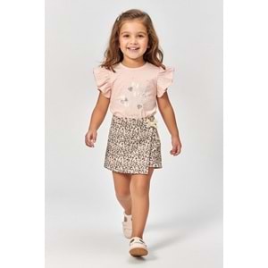 Kız Çocuk Lepoar Desen Etekli Fırfırlı T-Shirt Takım M00801