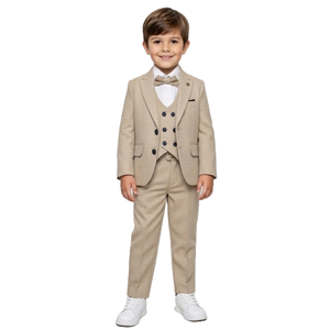 Ekose Desen Yelekli Papyonlu Ceketli Erkek Çocuk Takım Elbise