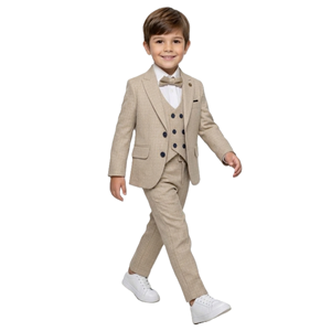 Ekose Desen Yelekli Papyonlu Ceketli Erkek Çocuk Takım Elbise