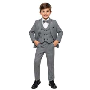 Ekose Desen Yelekli Papyonlu Ceketli Erkek Çocuk Takım Elbise
