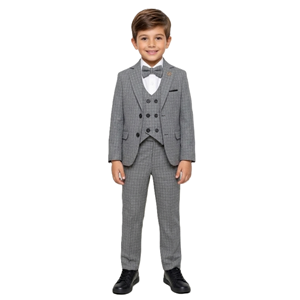 Ekose Desen Yelekli Papyonlu Ceketli Erkek Çocuk Takım Elbise