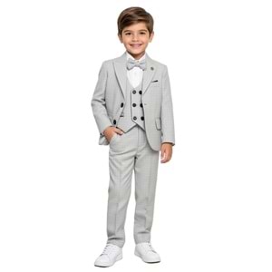 Ekose Desen Yelekli Papyonlu Ceketli Erkek Çocuk Takım Elbise